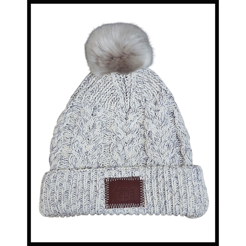 Love Your Melon Cable Thick Knit Cuffed Faux Fur Pom Beanie Hat Off White Gray